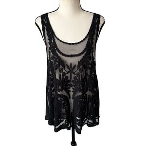 Nabee Black Sheer Lace Sleeveless Top Feminine Romantic Boho Festival Flowy Lg